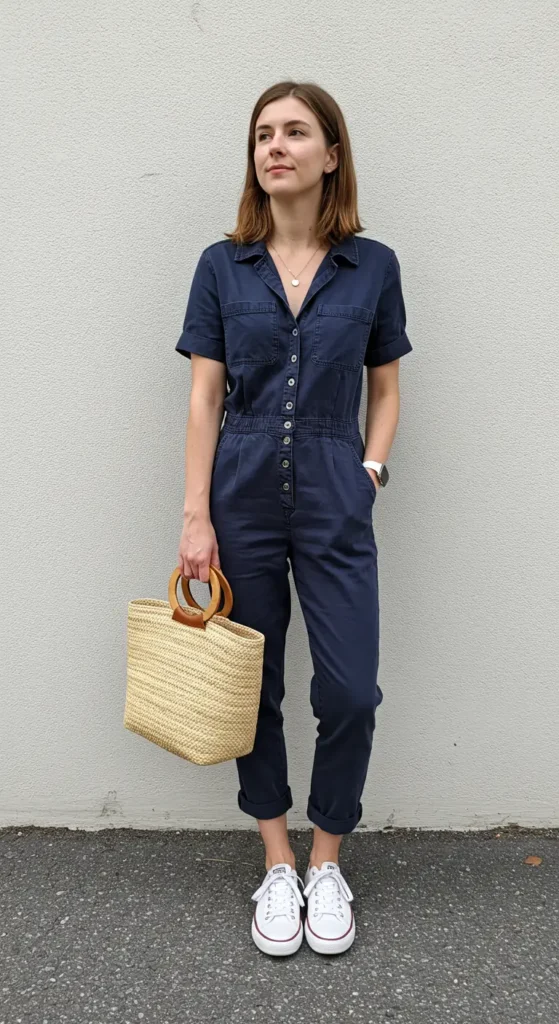 4. Navy Jumpsuit & Woven Tote