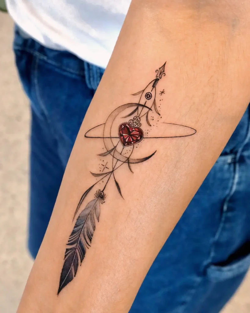 5. Heart and Feather Arrow Tattoo
