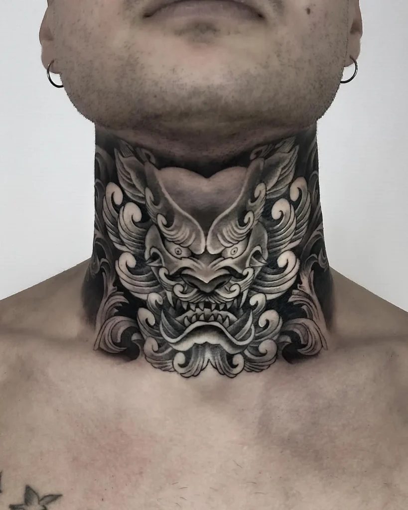 5. Oni Mask Full Neck Tattoo