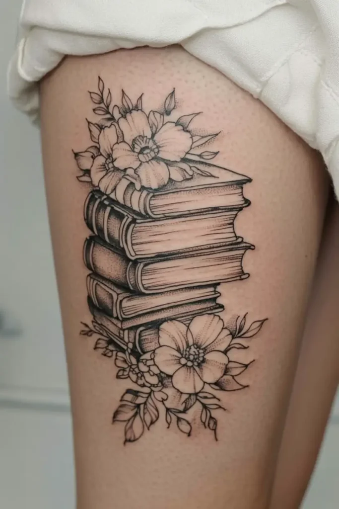 6. Book Stack with Blossoms