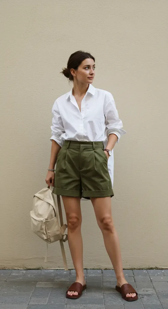 6. Button-Up & Olive Shorts Combo