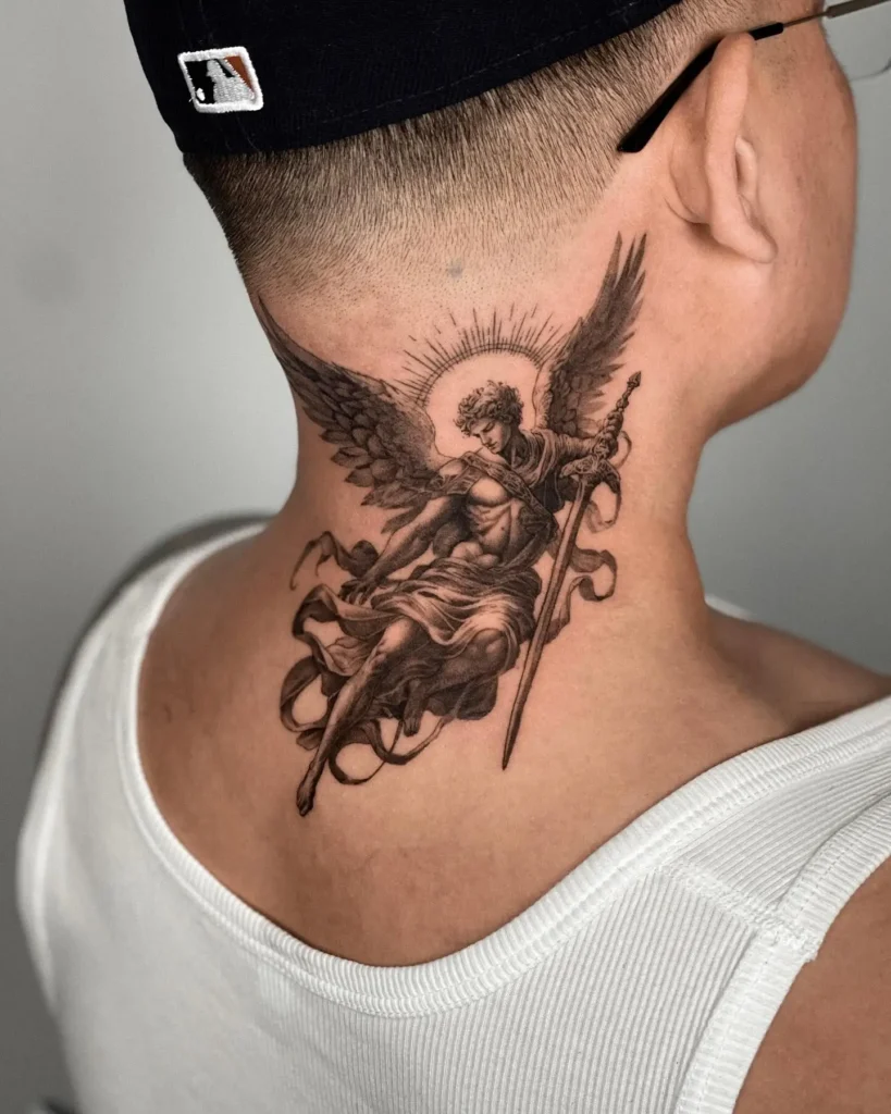 7. Archangel Michael Neck Tattoo