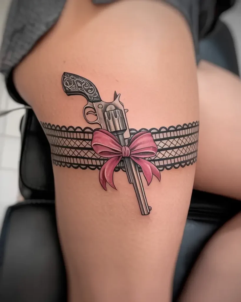 7. Laced Revolver Garter Thigh Tattoo