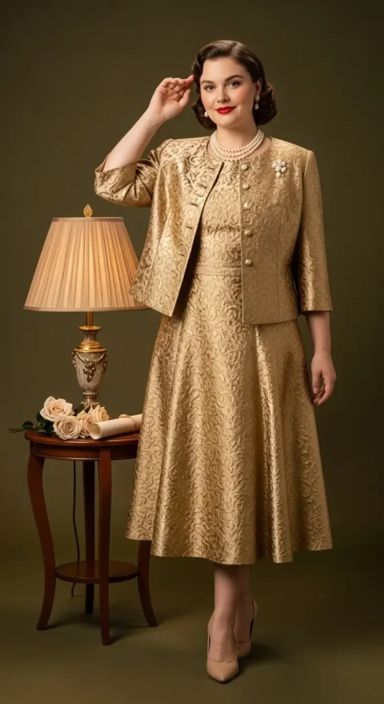 8. Gold Brocade Midi Dress with Jacket