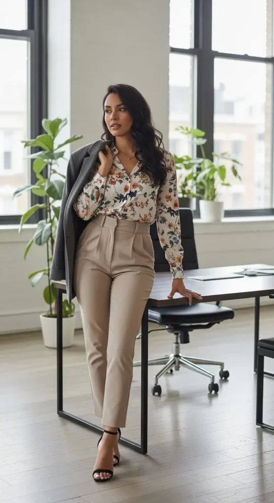8. Printed Blouse + High-Waist Trousers