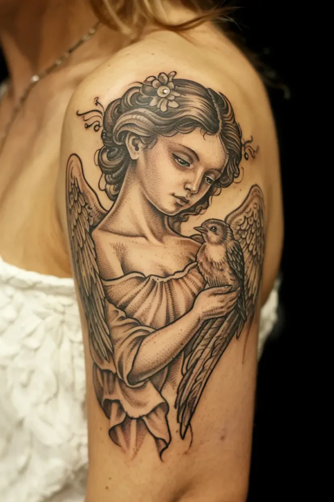 8. Serene Guardian Angel with Bird Tattoo