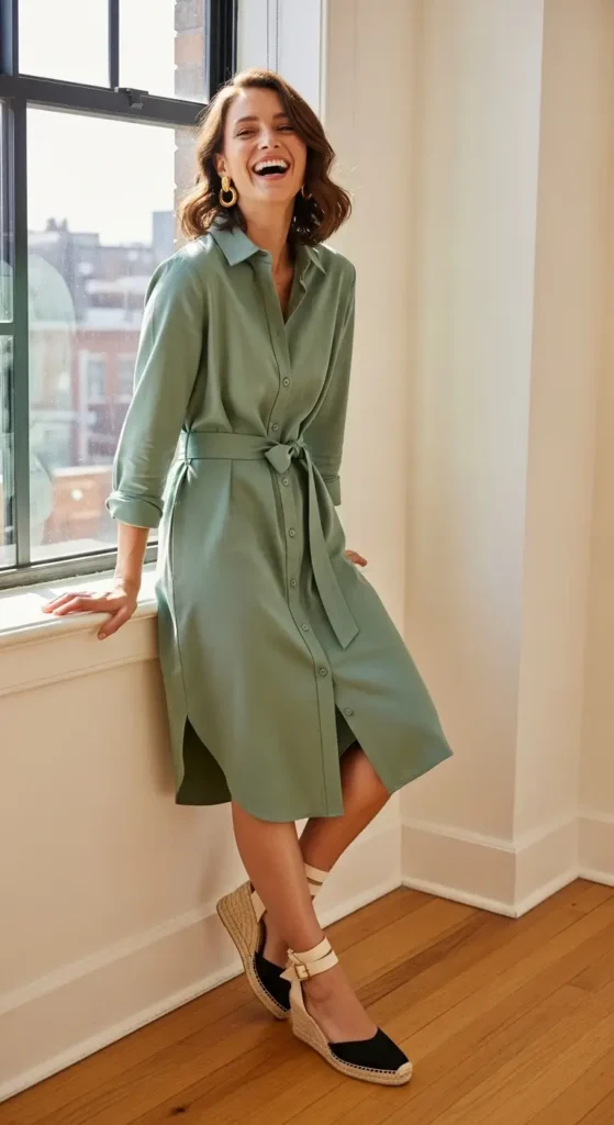 9. Belted Shirt Dress + Wedges