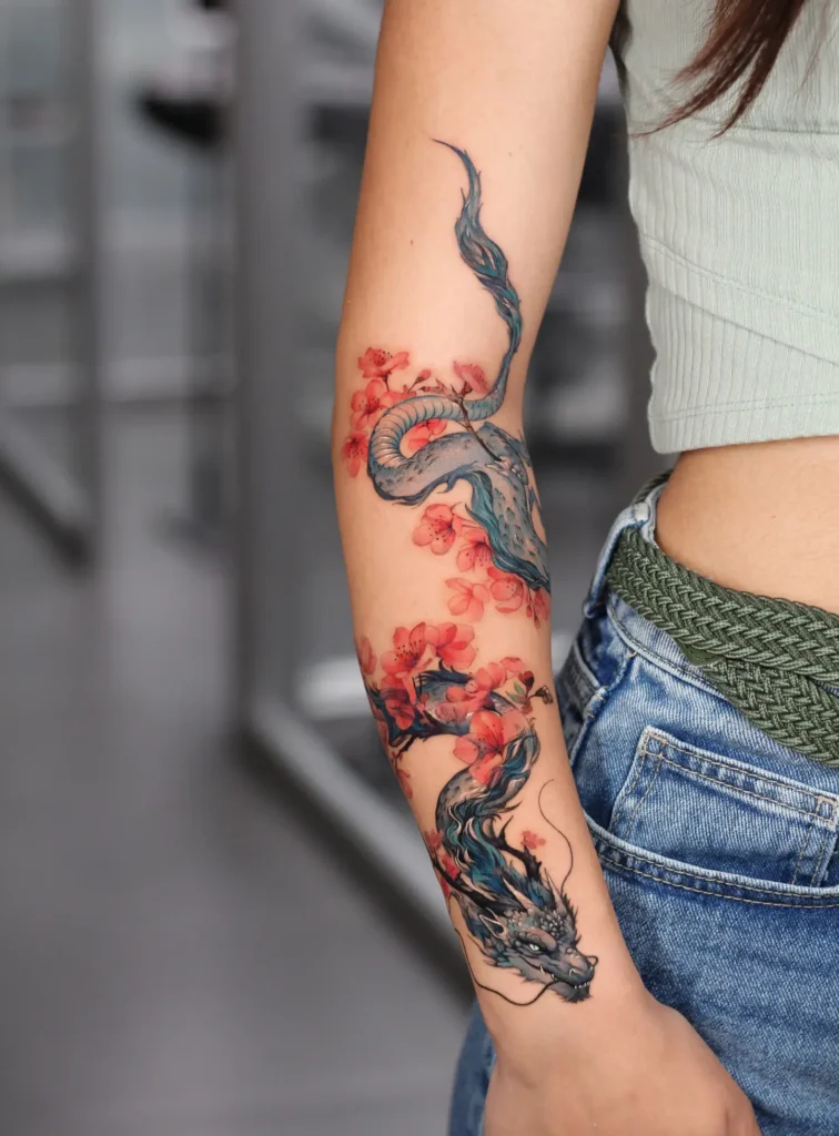 9. Cherry Blossom Dragon Tattoo