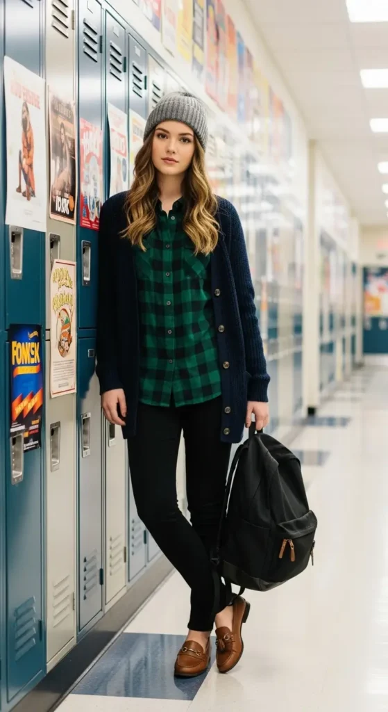 Layered Plaid Shirt with a Cardigan