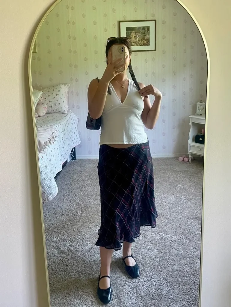1. Plaid Skirt + Wrap Tank + Ballet Flats