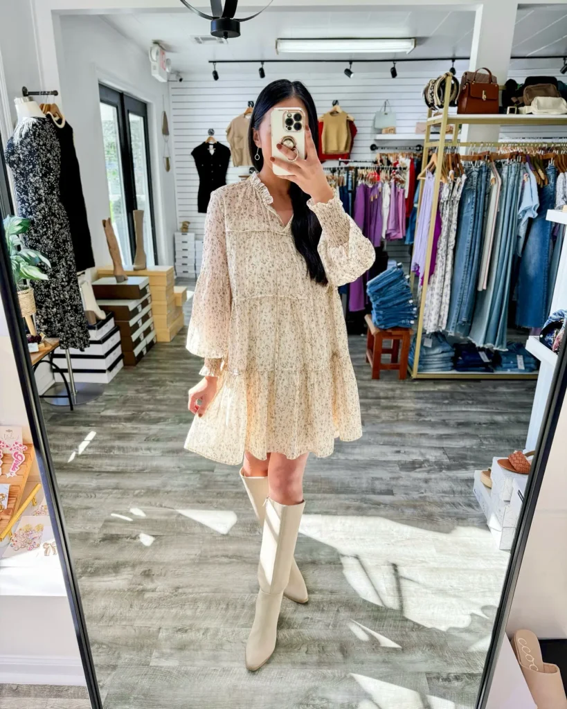 11. Floral Babydoll Dress + Cream Knee-High Boots