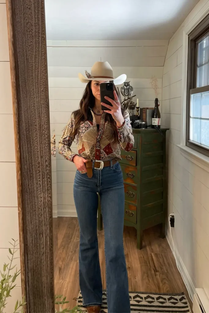 11. Patchwork Shirt with High-Waisted Jeans