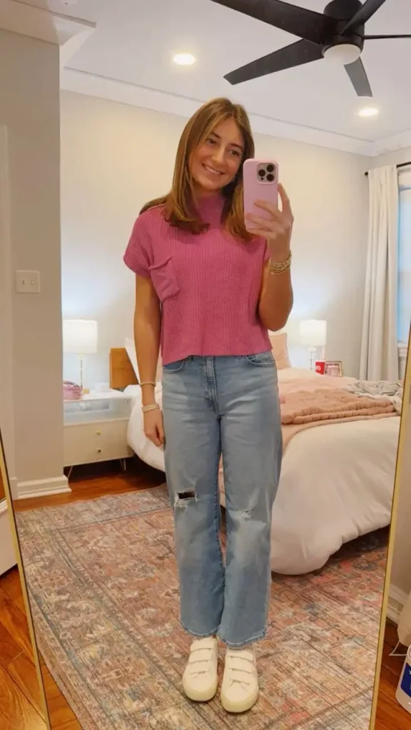 12. Textured Knit Tee + Distressed Denim + Velcro Sneakers