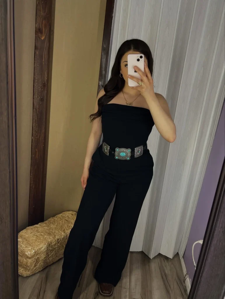 13. Black Jumpsuit with Turquoise Western Belt