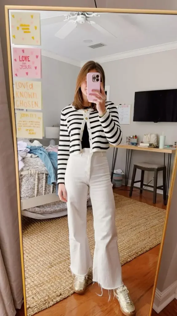 13. Striped Cardigan + Flared Whites + Metallic Sneakers