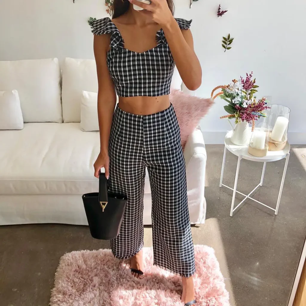 14. Gingham Crop Top + Wide-Leg Trousers Set
