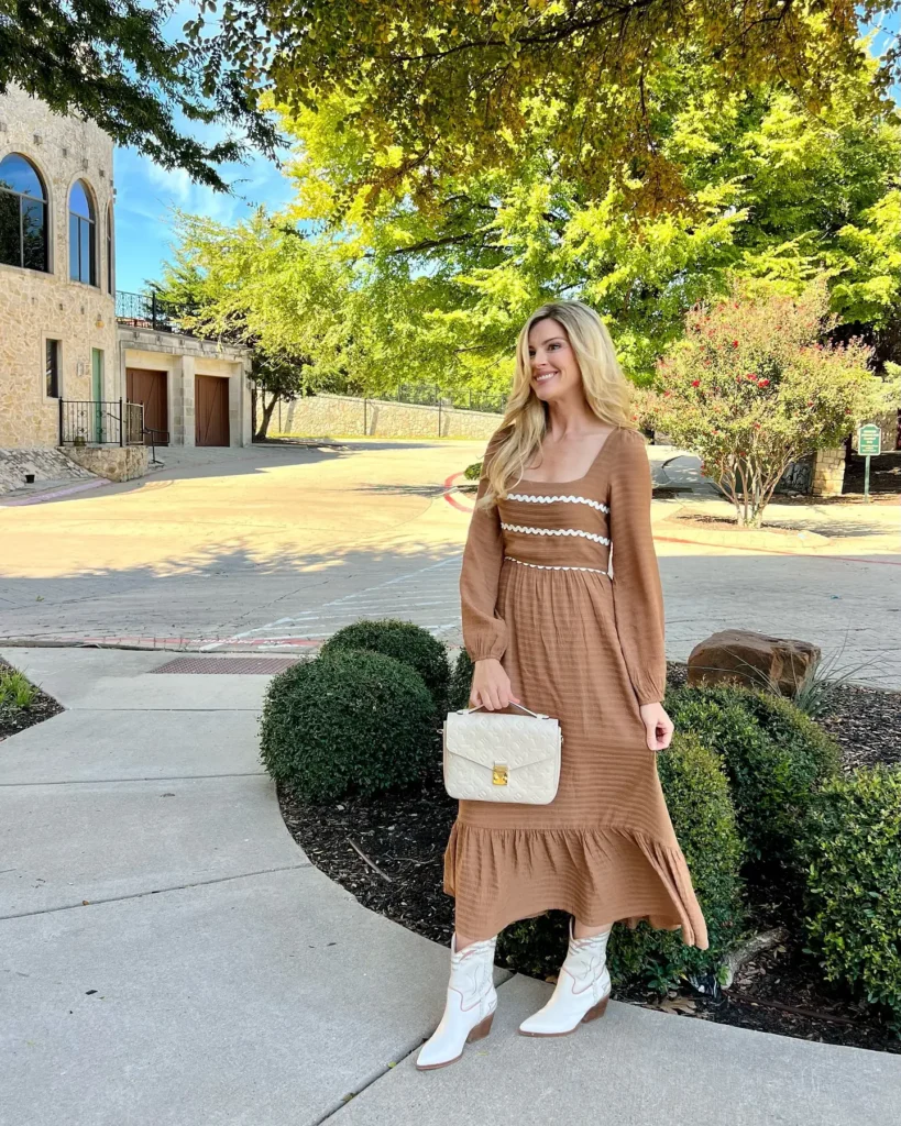15. Brown Prairie Dress + White Western Boots