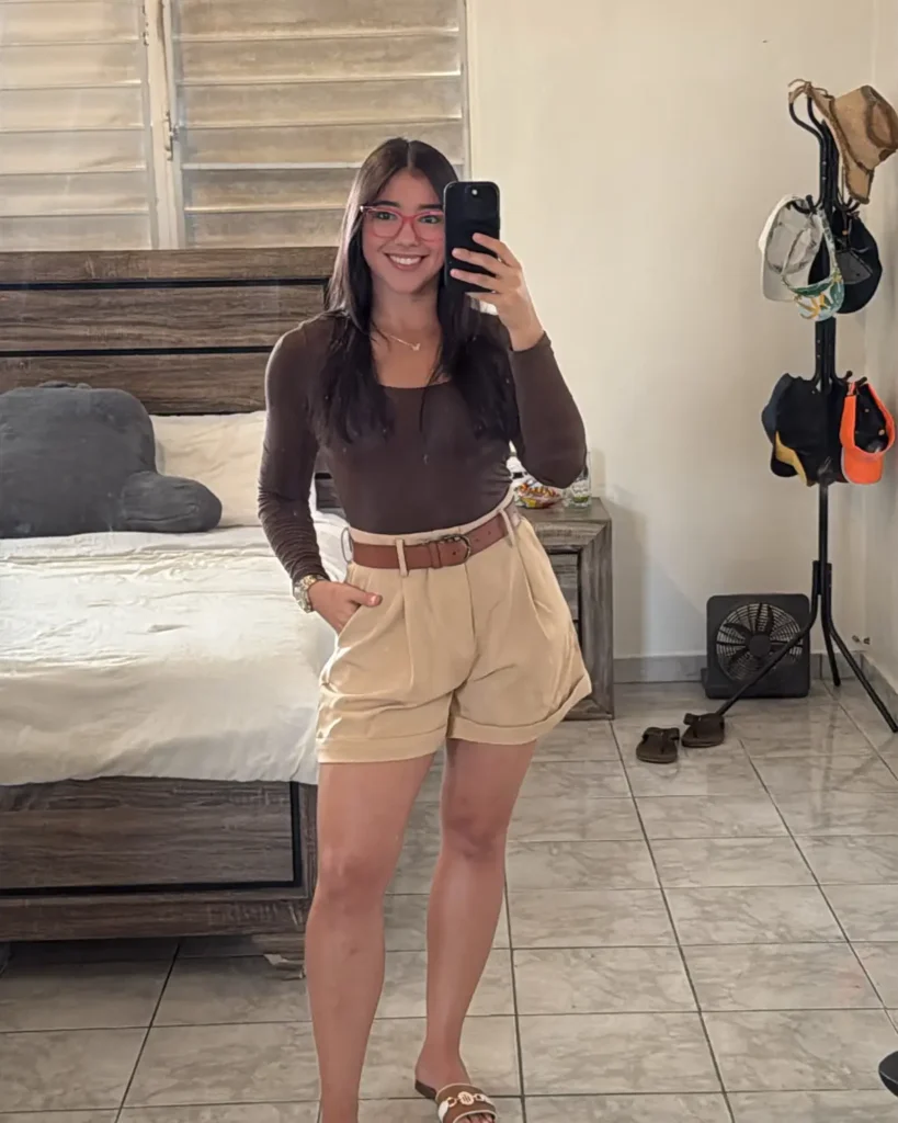 15. Fitted Long Sleeve + Pleated Shorts + Belted Sandals