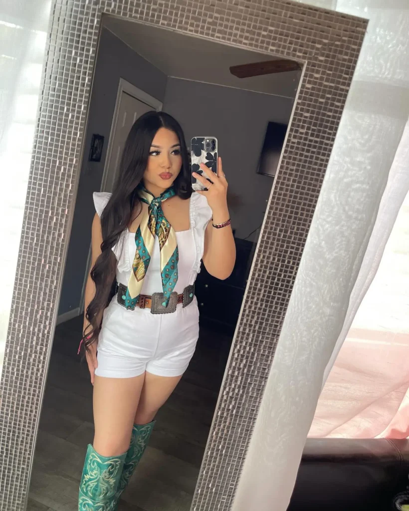 16. White Romper with Turquoise Boots and Scarf
