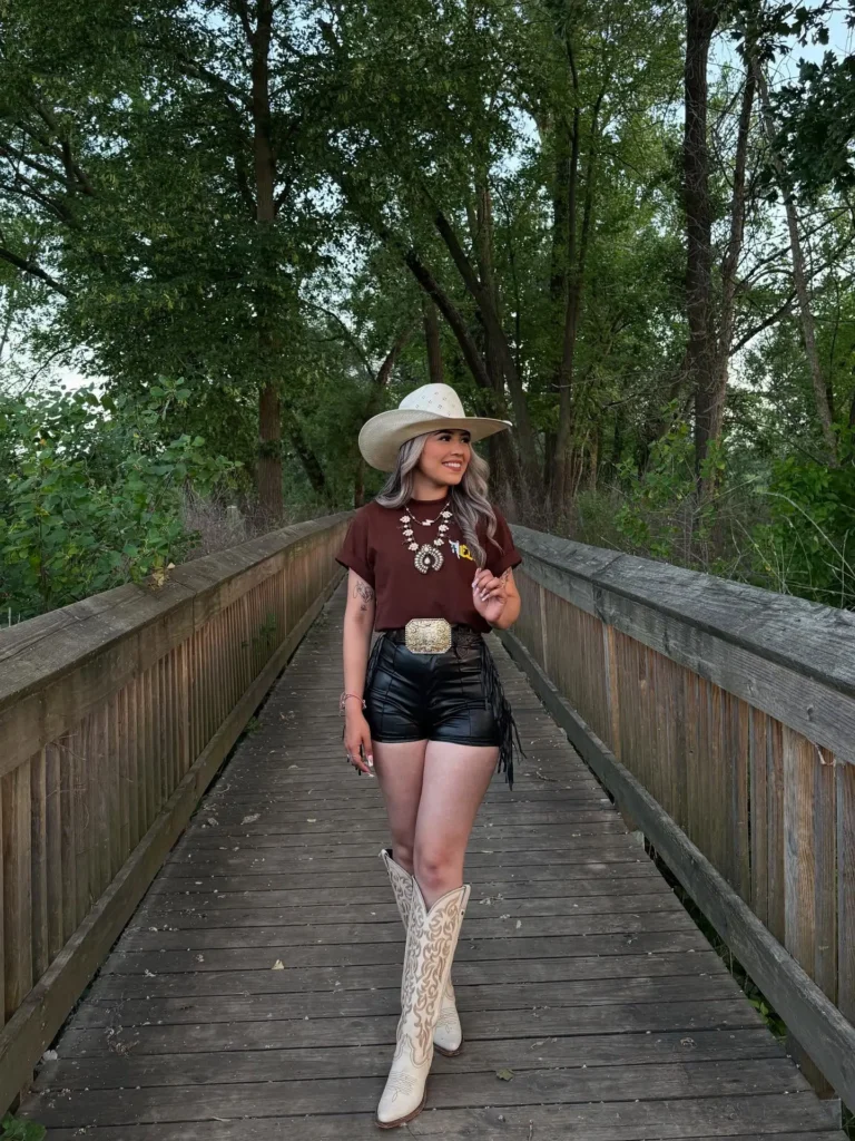 19. Brown Tee + Black Fringe Shorts + White Boots