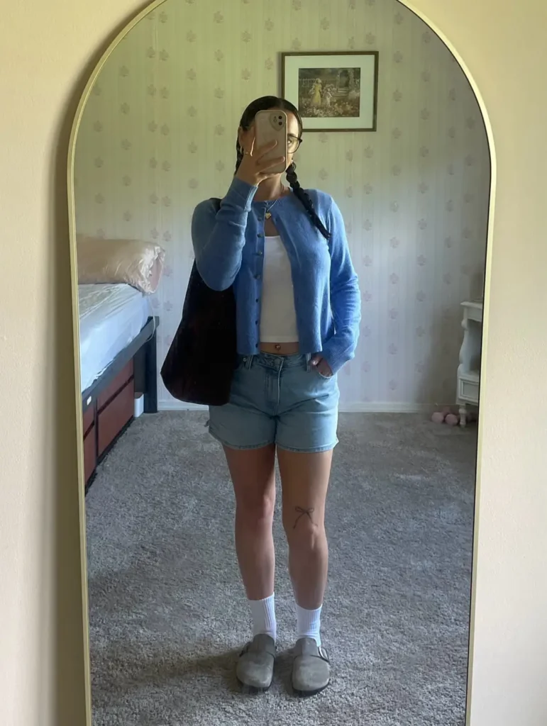 2. Blue Cardigan + Denim Shorts + Clogs