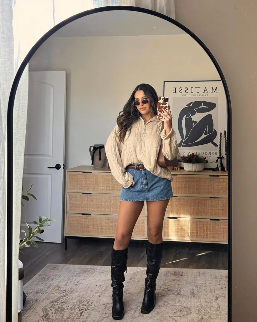 2. Cable Knit Sweater + Denim Mini Skirt