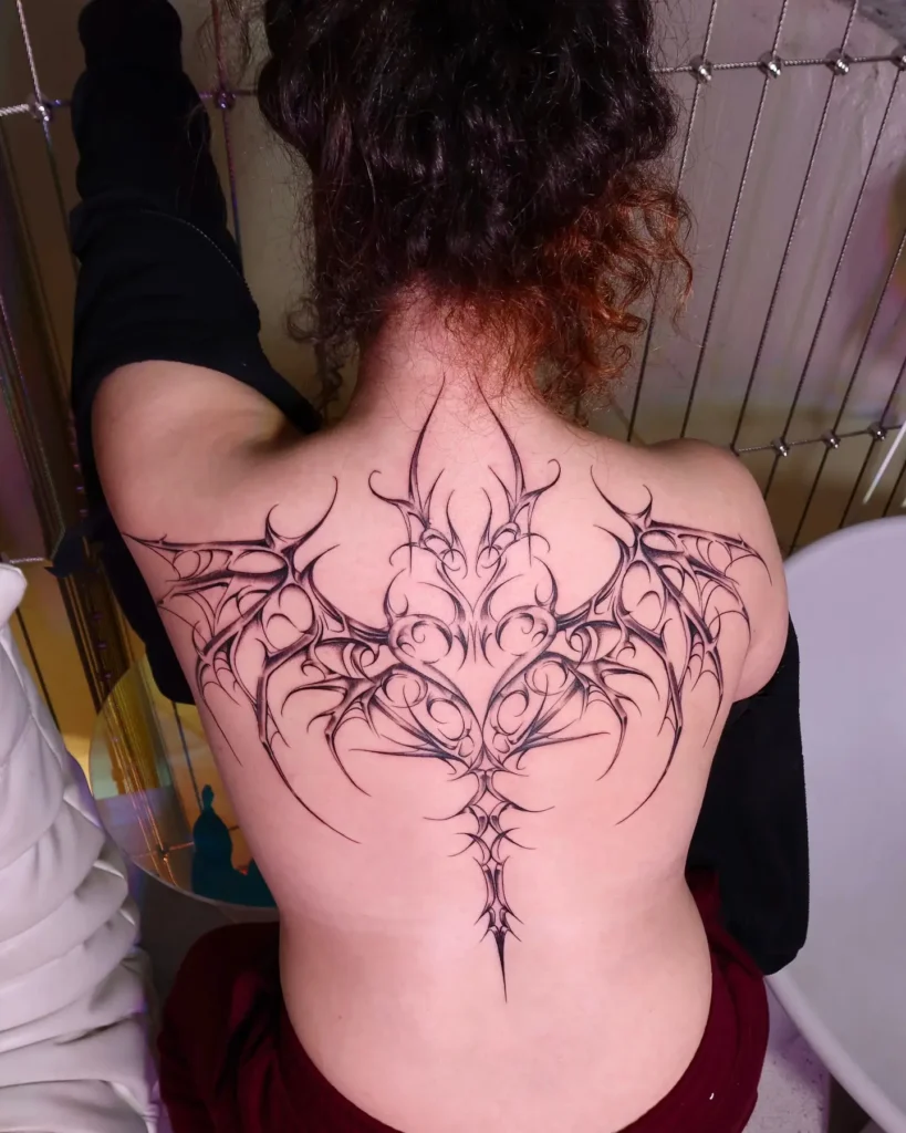 2. Cyber Wings – Full Back Tribal Y2K Tattoo