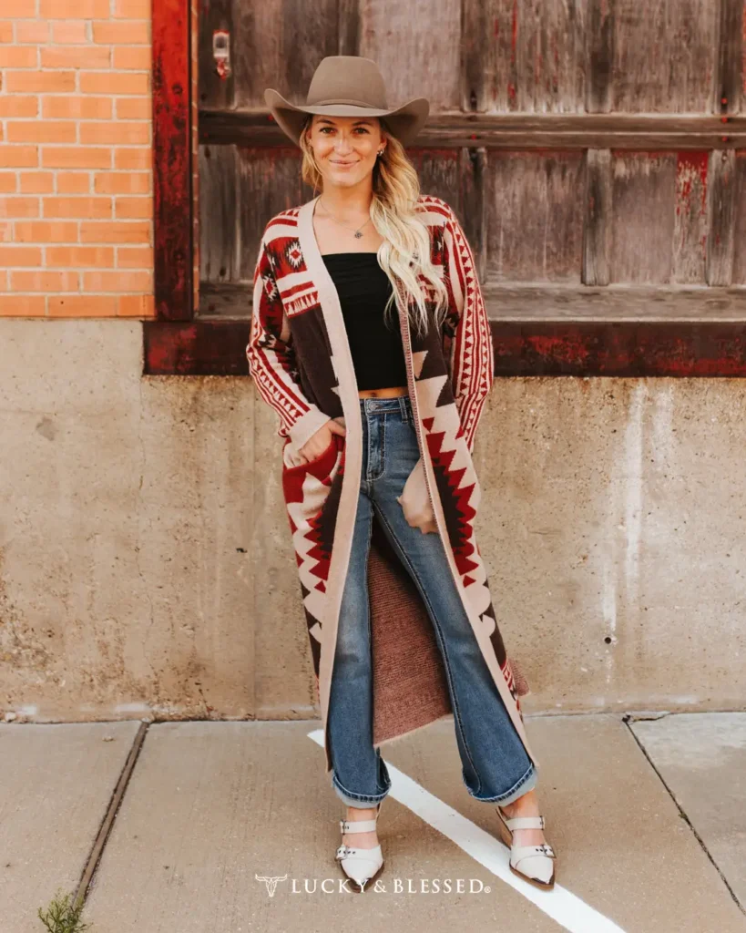 20. Tribal Cardigan with Crop Top and Flared Denim