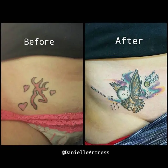 20. Colorful Owl Hip Tattoo Cover Up