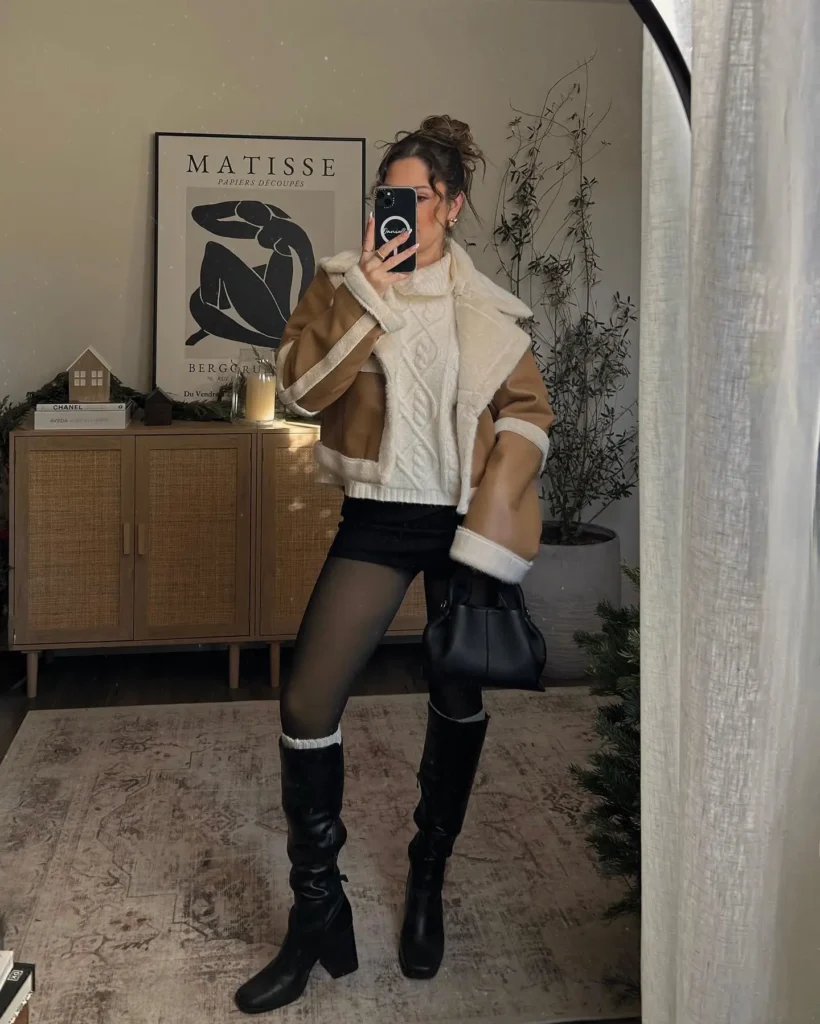 3. Sherpa Jacket + Cable Knit Sweater + Mini Skirt