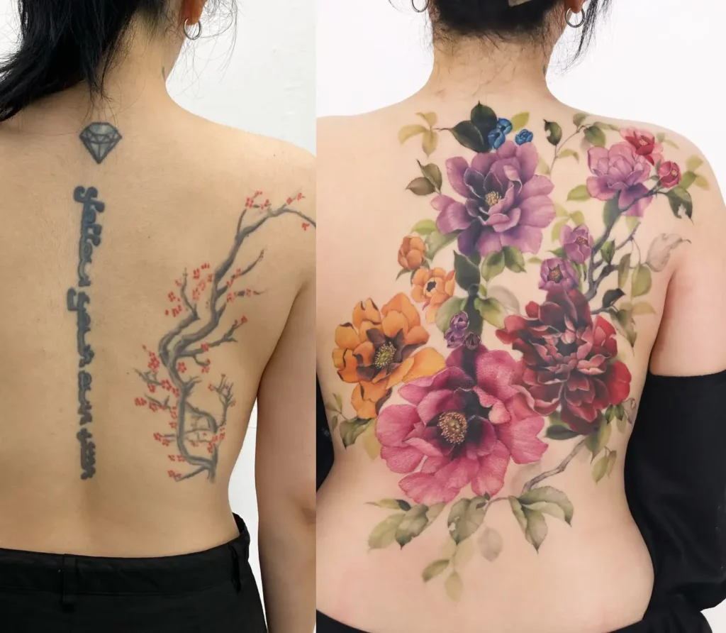 4. Blooming Floral Back Tattoo Cover Up