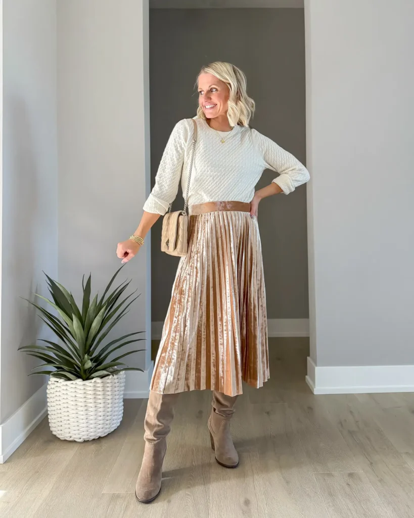 4. Textured Sweater + Velvet Pleated Skirt