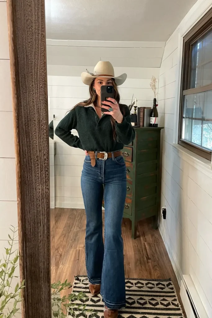 5. Forest Green Pullover with Flared Jeans