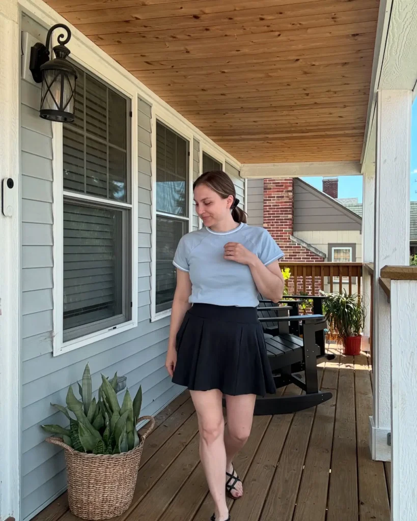 6. Sporty Tee + Pleated Skirt + Strappy Flats