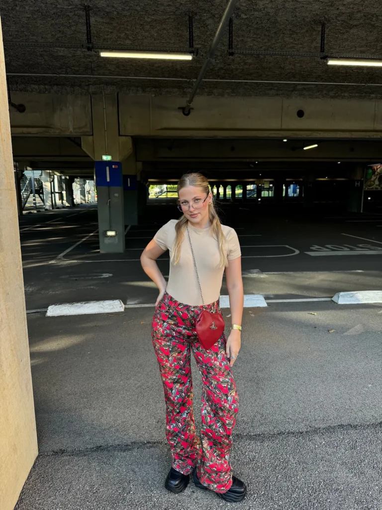 7. Bold Print Pants + Fitted Tee + Platform Loafers