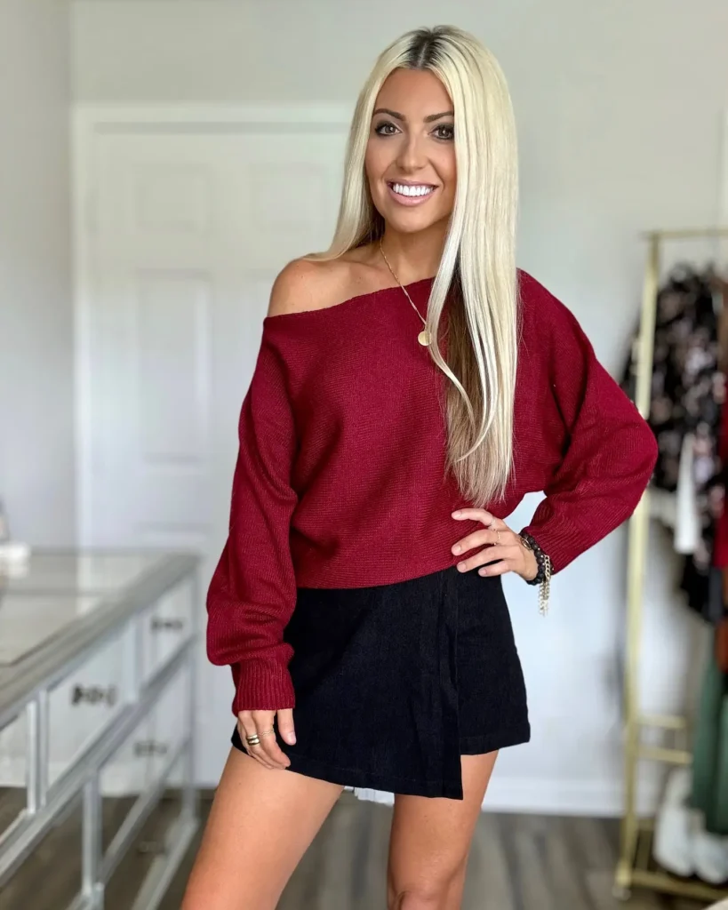 7. Off-Shoulder Knit Sweater + Black Skort
