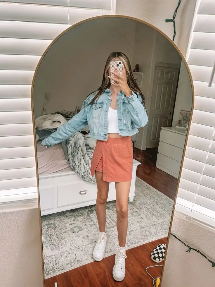 9. Cropped Denim Jacket + Wrap Skirt + Chunky Sneakers