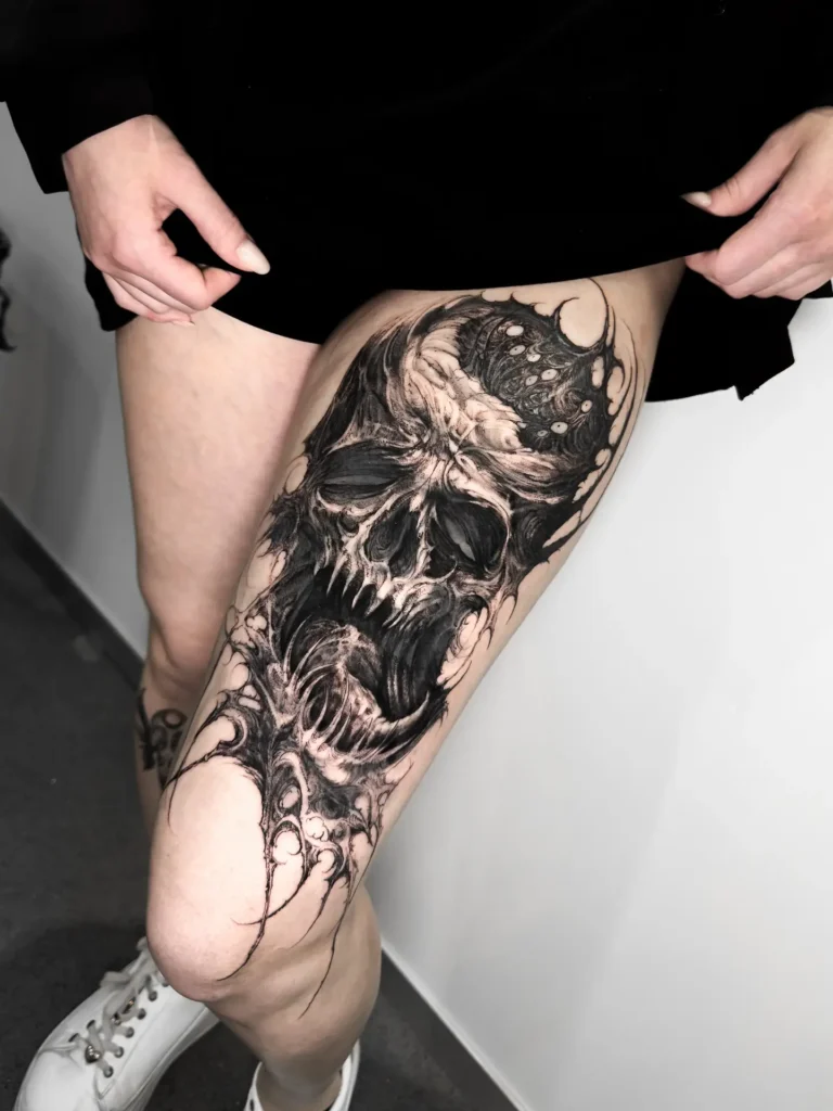 9. Demon Skull Thigh Tattoo Cover Up