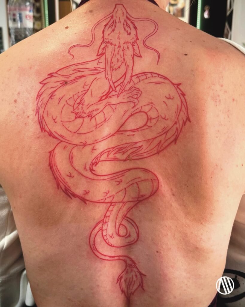 22. Howling Red Eastern Dragon Tattoo on Back