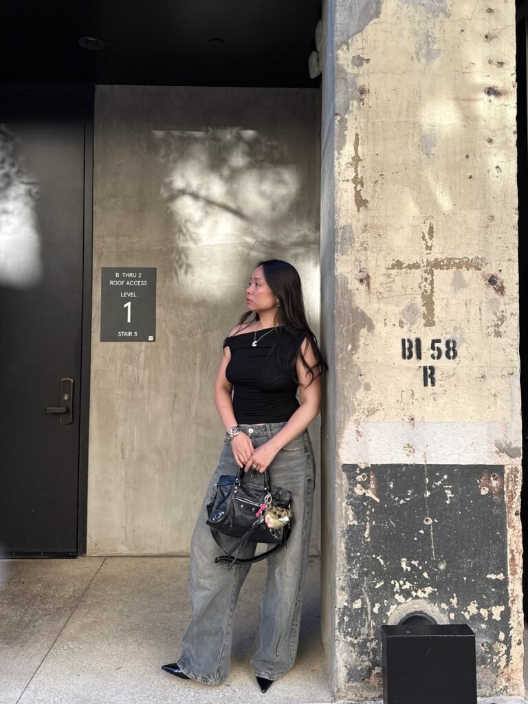 7. One-Shoulder Top + Grey Baggy Jeans