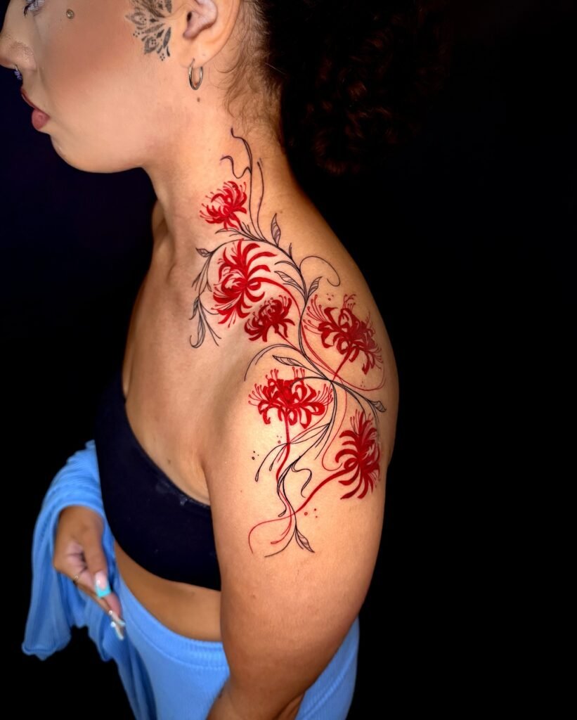 14. Red Spider Lilies Shoulder-to-Neck Tattoo