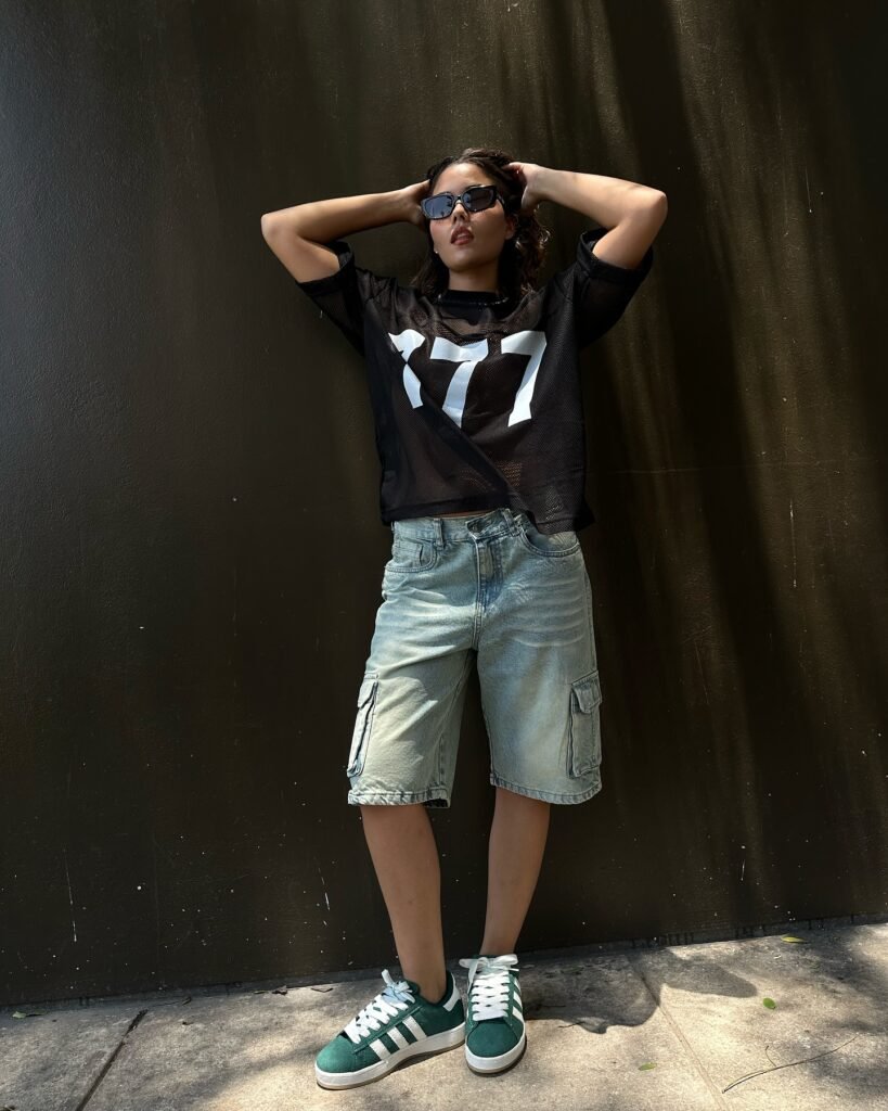 1. Sporty Mesh Streetwear with Baggy Denim Shorts