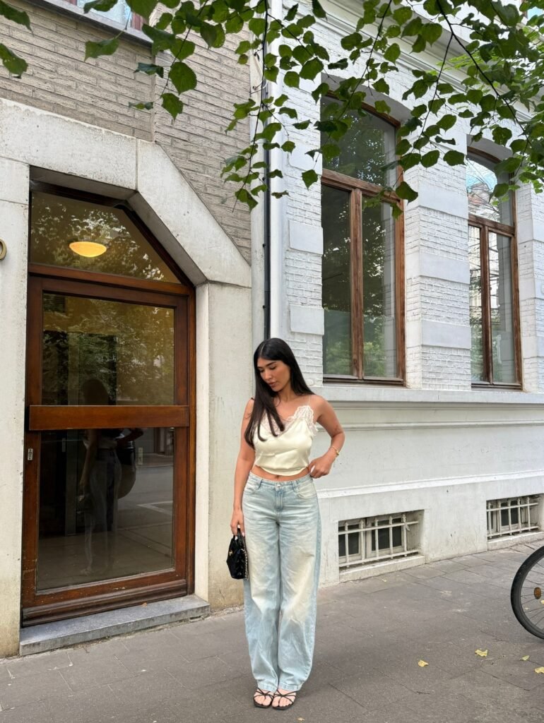 6. Silk Cami + Light Wash Baggy Jeans