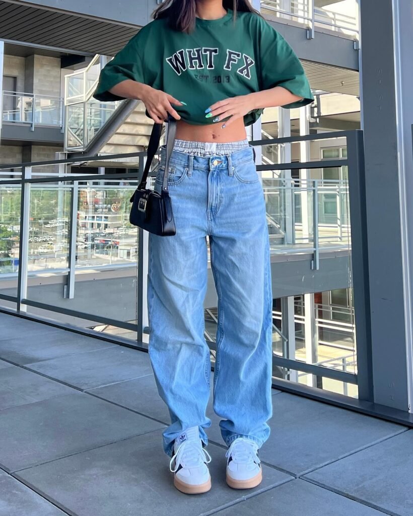 12. Cropped Green Tee + Light Blue Baggy Jeans