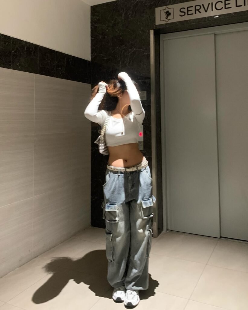 1. White Crop Top + Cargo Baggy Jeans