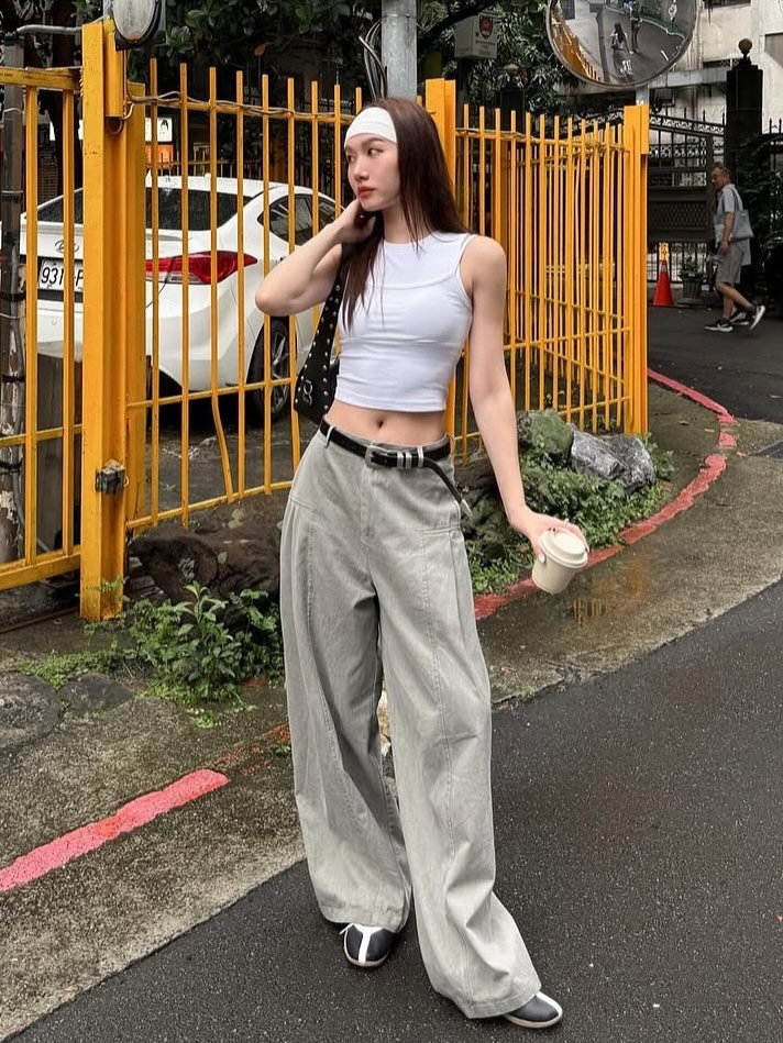 15. White Tank + Grey Wide-Leg Baggy Jeans