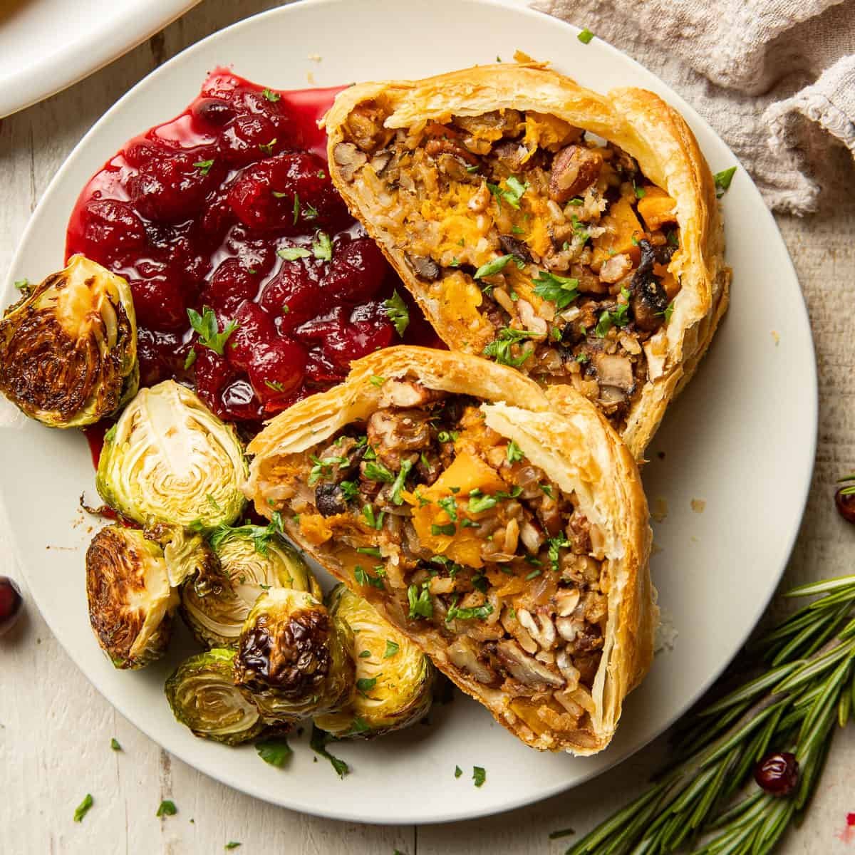 Vegan Wellington with cranberry and Brussels sprouts
